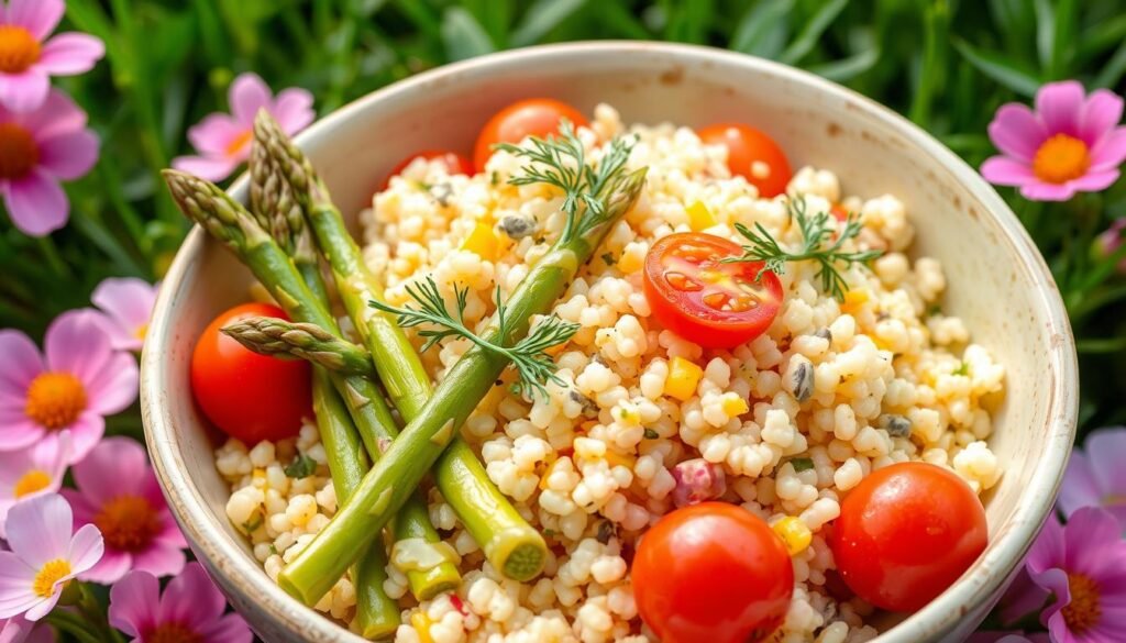 spring pearl couscous salad with asparagus and dill