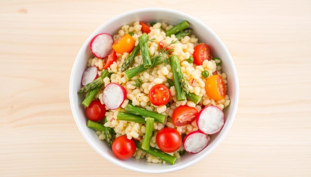 spring pearl couscous salad with asparagus and dill